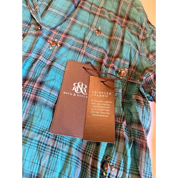 NWT Rock & Republic Womens Crinkled green  Plaid Shirt With Studded Details Butt - Picture 5 of 8